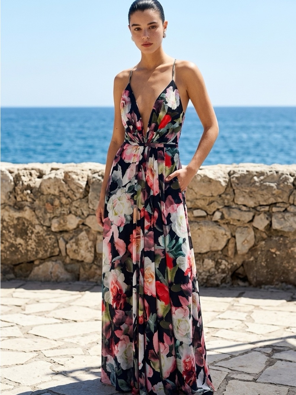 Cachet Black Floral Maxi Dress with Pink & White Blooms